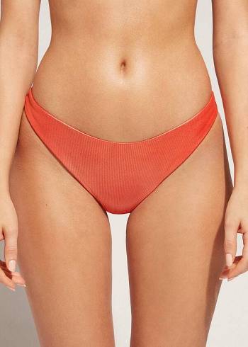 Abajo De Bikini Calzedonia Coated-Effect High-Cut Brazilian Antigua Mujer Coral Naranjas | CL1364GL