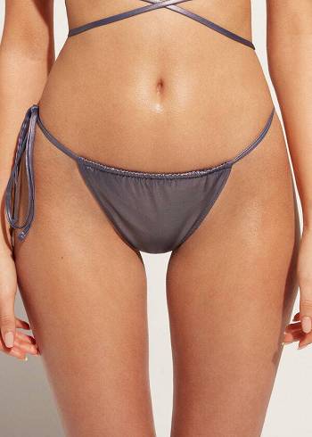 Abajo De Bikini Calzedonia Coated-Effect String Tanga Daytona Mujer Azules | CL1368LH