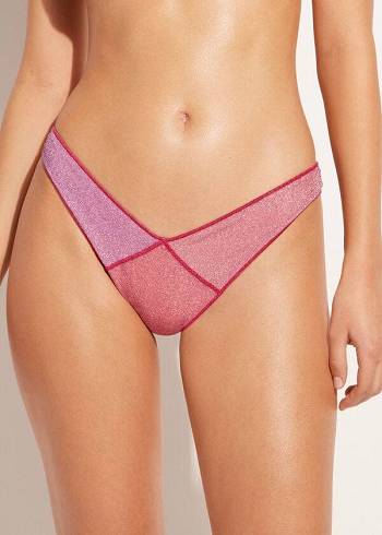 Abajo De Bikini Calzedonia High Cut Brazilian Lamé Lisbona Mujer Rosas | CL1392JJ