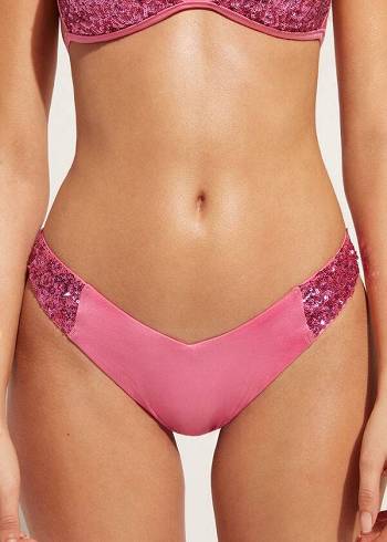 Abajo De Bikini Calzedonia Sequined High-Cut Brazilian Cannes Cheeky Mujer Rosas | CL1546GL