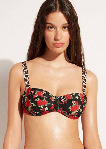 Arriba De Bikini Calzedonia Bandeau Lightly Acolchado Nizza Mujer Rosas Negras | CL1694UT