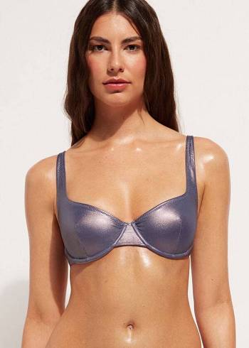 Arriba De Bikini Calzedonia Coated-Effect Balconette Daytona Mujer Azules | CL1700DN