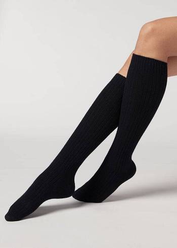 Calcetines Calzedonia Acanalado Long with Lana and Cashmere Mujer Azules | CL2257BC