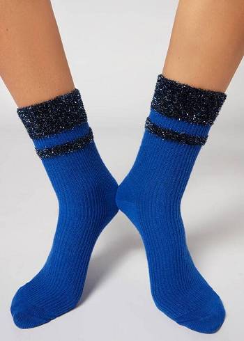 Calcetines Calzedonia Cashmere Corta with Glitter Trim Mujer Azules | CL2355VD