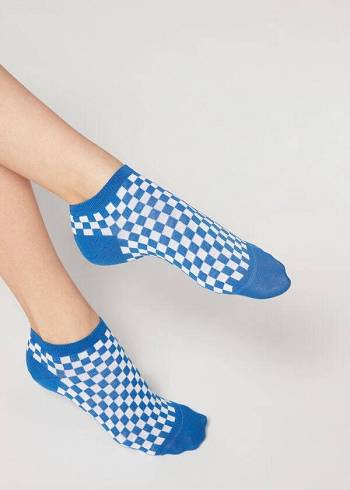 Calcetines Calzedonia Checkered No-Show Mujer Azules | CL2268OR
