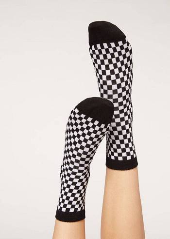 Calcetines Calzedonia Checkered Pattern Corta Mujer Negras | CL2363GL