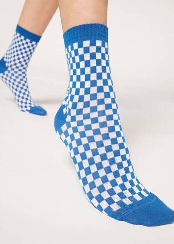 Calcetines Calzedonia Checkered Pattern Corta Mujer Azules | CL2365DN