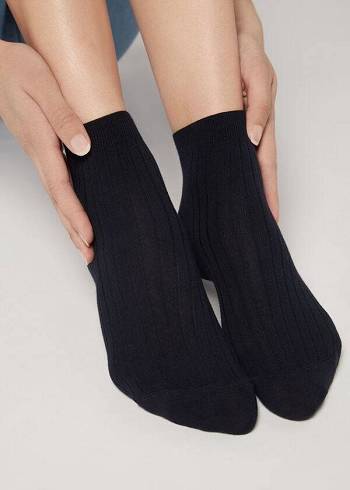 Calcetines Calzedonia Corta Acanalado with Algodon and Cashmere Mujer Azules | CL2512CE