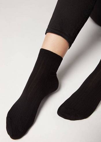 Calcetines Calzedonia Corta Acanalado with Algodon and Cashmere Mujer Negras | CL2514ZG