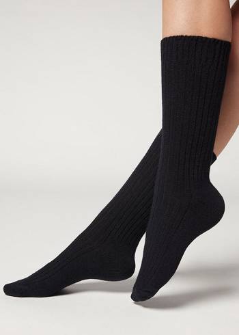 Calcetines Calzedonia Corta Acanalado with Lana and Cashmere Mujer Azules | CL2518HK