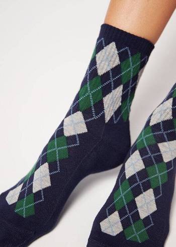 Calcetines Calzedonia Diamond Pattern Acanalado Corta Deporte Mujer Azules | CL2403QZ