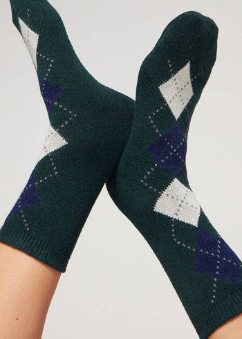 Calcetines Calzedonia Diamond-Pattern Cashmere Corta Mujer Verde Oliva | CL2406BC