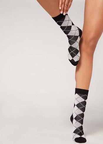 Calcetines Calzedonia Diamond-Pattern Cashmere Corta Mujer Negras Blancas | CL2407VD