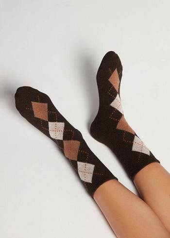Calcetines Calzedonia Diamond-Pattern Cashmere Corta Mujer Cafe | CL2408CE