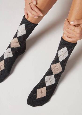 Calcetines Calzedonia Diamond-Pattern Cashmere Corta Mujer Gris | CL2409XF