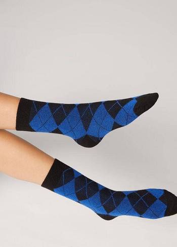 Calcetines Calzedonia Diamond-Pattern Cashmere Corta Mujer Negras Azules | CL2410ZG