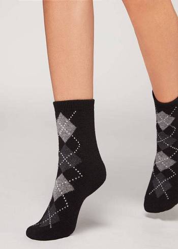 Calcetines Calzedonia Diamond-Pattern Cashmere Corta Mujer Negras Gris | CL2411LH