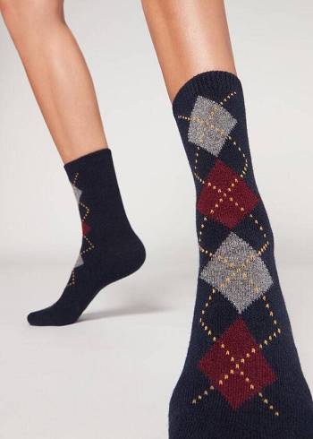 Calcetines Calzedonia Diamond-Pattern Cashmere Corta Mujer Azules Rojas | CL2412KI