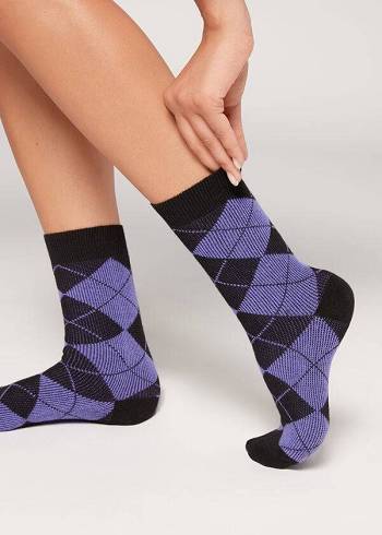 Calcetines Calzedonia Diamond-Pattern Cashmere Corta Mujer Negras Moradas | CL2415GL