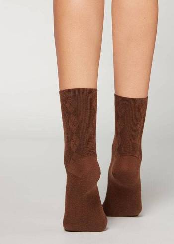 Calcetines Calzedonia Diamond-Pattern Lana Corta Mujer Cafe | CL2416FM