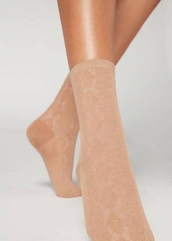 Calcetines Calzedonia Diamond-Pattern Lana Corta Mujer Marrones | CL2418SO