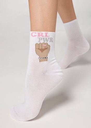 Calcetines Calzedonia Girl Power Print Corta Mujer Blancas | CL2435XF