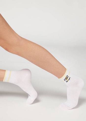 Calcetines Calzedonia Girl Power Print Corta Mujer Blancas Amarillo | CL2438KI
