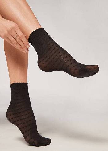 Calcetines Calzedonia Heart Motif Mesh Corta Mujer Negras | CL2443DN