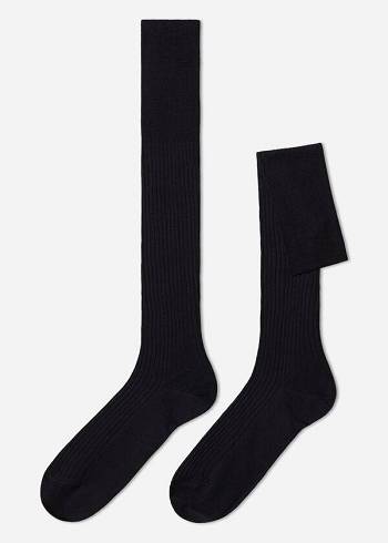 Calcetines Calzedonia Lisle Thread Acanalado Long Hombre Azul Marino Gris | CL2755NB