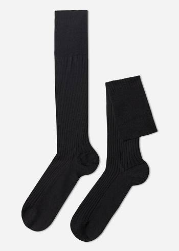 Calcetines Calzedonia Lisle Thread Acanalado Long Hombre Negras | CL2756BC