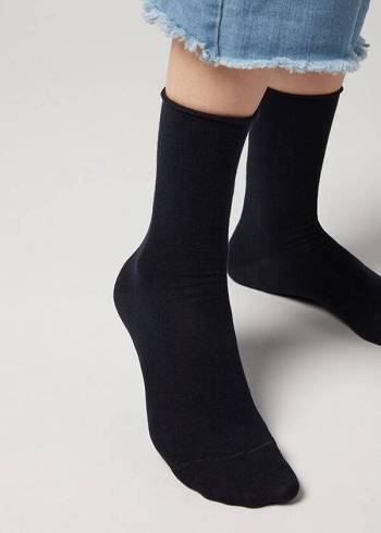 Calcetines Calzedonia Non-Elastic Algodon Ankle Corta Mujer Azul Marino Azules | CL2454WY