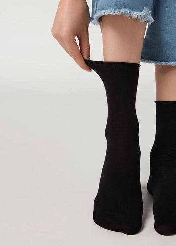Calcetines Calzedonia Non-Elastic Algodon Ankle Corta Mujer Negras | CL2457NB