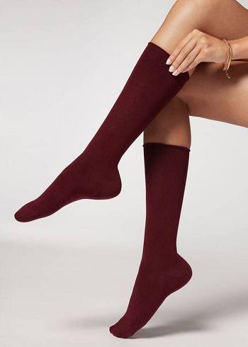 Calcetines Calzedonia Smooth Algodon Mid-Calf Long Mujer Rojas | CL2259MA