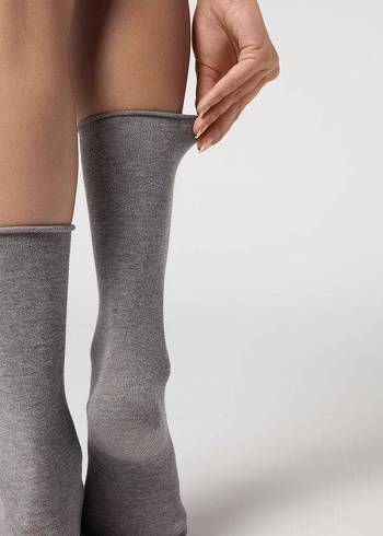 Calcetines Calzedonia Smooth Algodon Mid-Calf Long Mujer Plateadas | CL2262EX