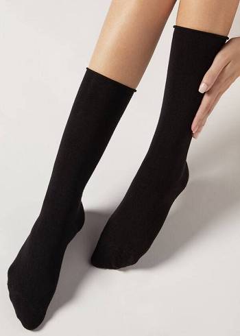 Calcetines Calzedonia Smooth Algodon Mid-Calf Long Mujer Negras | CL2263RW
