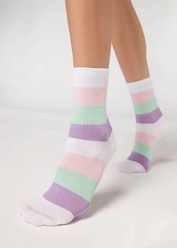 Calcetines Calzedonia Stripe Patterned Corta Mujer Blancas | CL2542KI