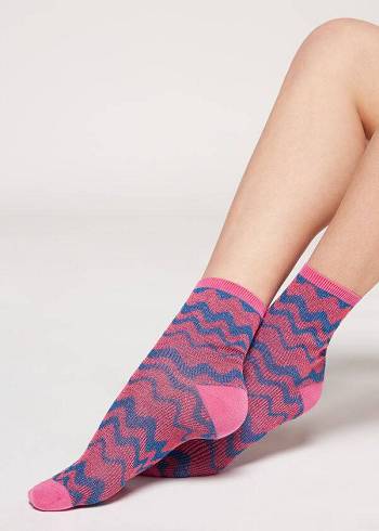 Calcetines Calzedonia Wave Motif Corta with Glitter Mujer Rosas | CL2554YU