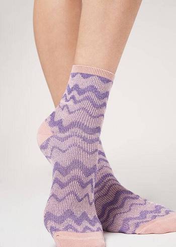 Calcetines Calzedonia Wave Motif Corta with Glitter Mujer Moradas Beige | CL2555TV