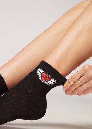 Calcetines Calzedonia Winged Heart Appliqué Corta Mujer Negras | CL2557EX