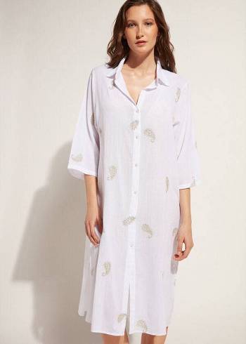 Cubrirlos Calzedonia Embroidered Paisley Lamé Midi Shirt Mujer Blancas | CL2079WY