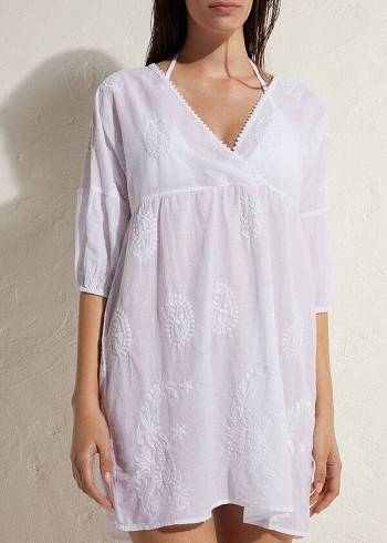 Cubrirlos Calzedonia Embroidered Vestido Mujer Blancas | CL2078QZ