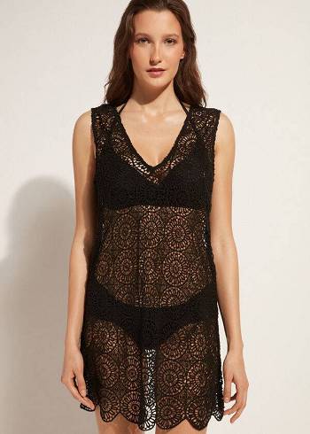 Cubrirlos Calzedonia Geometric Crochet Vestido Mujer Negras | CL2082TV
