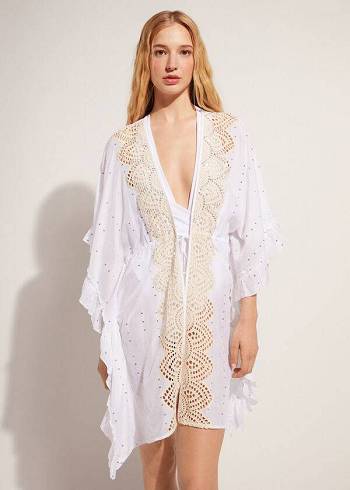 Cubrirlos Calzedonia Kimono Caftan with Sangallo Encaje and Sequins Mujer Blancas | CL2085IS