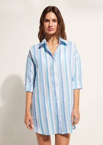 Cubrirlos Calzedonia Linen Shirt Mujer Azules Blancas | CL2090DN