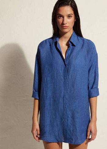 Cubrirlos Calzedonia Linen Shirt Mujer Azules | CL2091FM