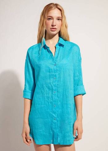 Cubrirlos Calzedonia Linen Shirt Mujer Turquesa Verde | CL2094JJ