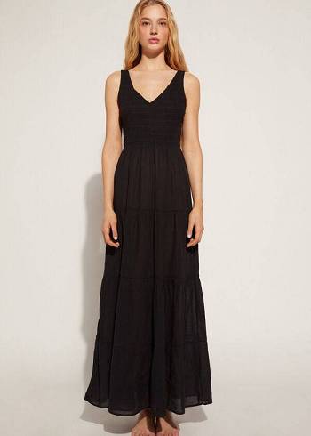 Cubrirlos Calzedonia Long Vestido with Ruffled Skirt Mujer Negras | CL2100VD