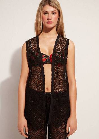 Cubrirlos Calzedonia Sin Manga Crochet Mujer Negras | CL2115SO