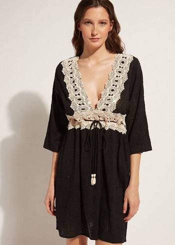 Cubrirlos Calzedonia Vestido in Sangallo Encaje and Sequins Mujer Negras | CL2076NB