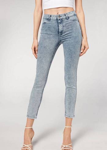 Jeans Calzedonia Faded Flaco Push-Up Mujer Azules | CL2590CE